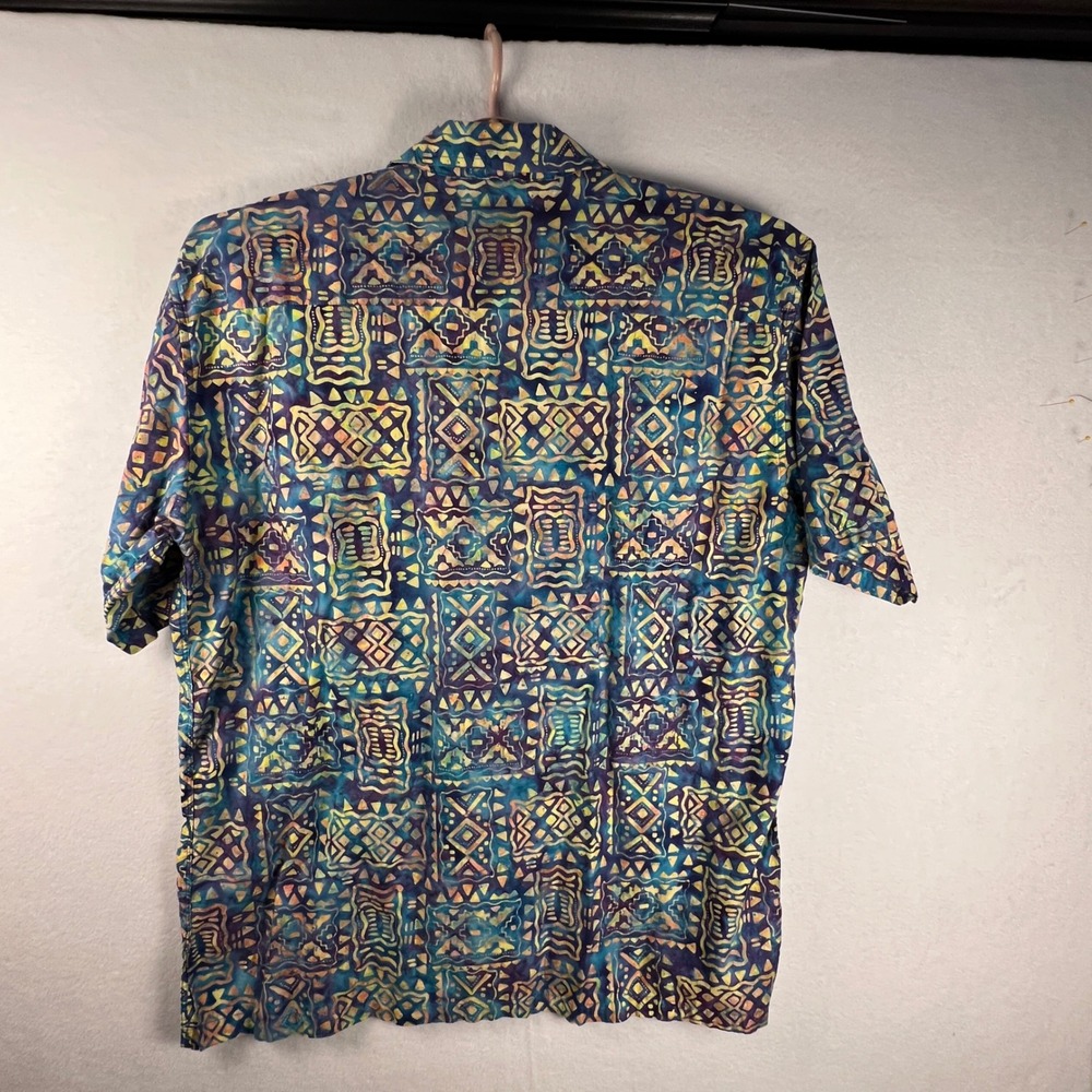 Pete Huntington Bali Mens XL Blue Tribal Batik Hawaiian Shirt Handcrafted Cotton - Picture 3 of 5